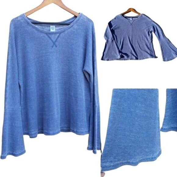Te Verde Top Thermal Long Bell Statement Sleeve Waffle Knit Marble Blue Sz S - Picture 1 of 11